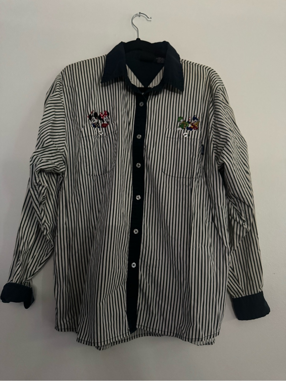 Vintage Disney Blue & White Striped Button-Up Shirt with Embroidered Characters